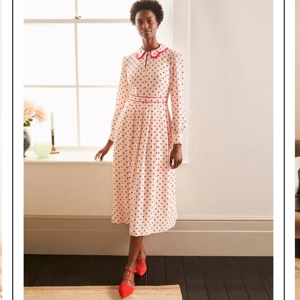 Boden Cream Midi Dress with Red Polka Dots
